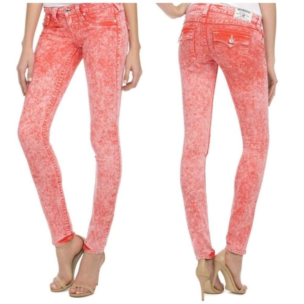 True Religion Orange Low Rise Skinny Jeans Swarovski Crystals Dopamine Y2K